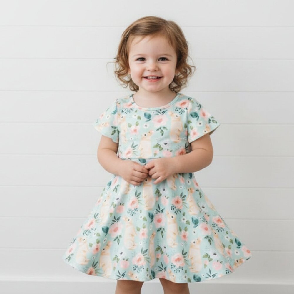 Bunnies & Flowers Milk Silk Twirl Dress, girl's, Easter, Spring